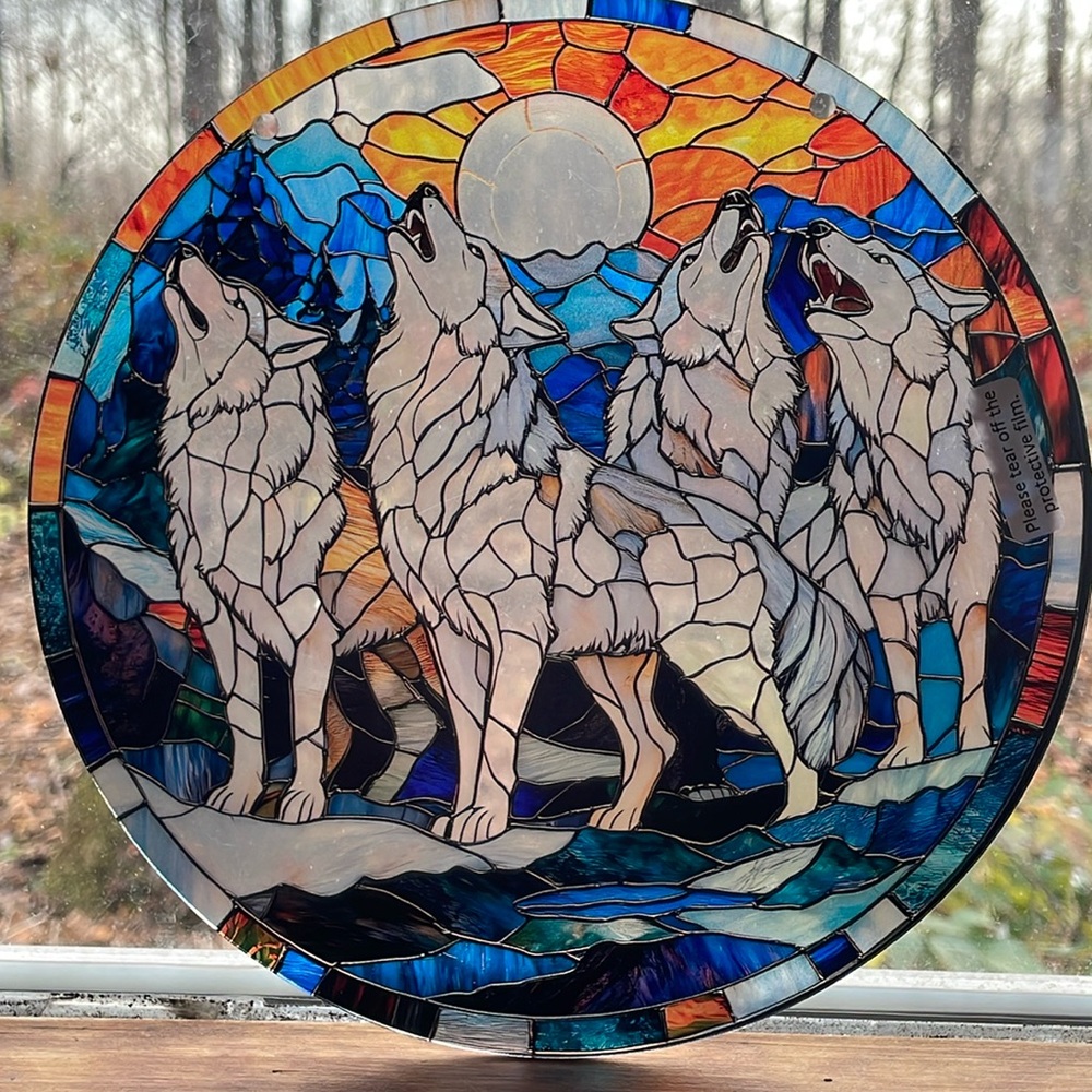 Wolf Suncatcher Howling Wolves Animal Wildlife Cottage Canin Decor Gift 8” New